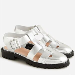 J. Crew Fisherman Lug-Sole Sandals in Silver Metallic Leather Size 10.5